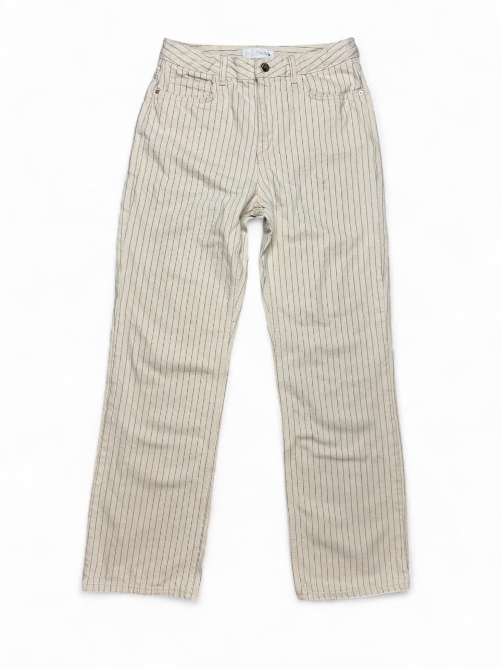 Zara High-Waist Striped Wide-Leg Jeans Size 6 Long Ecru Blue